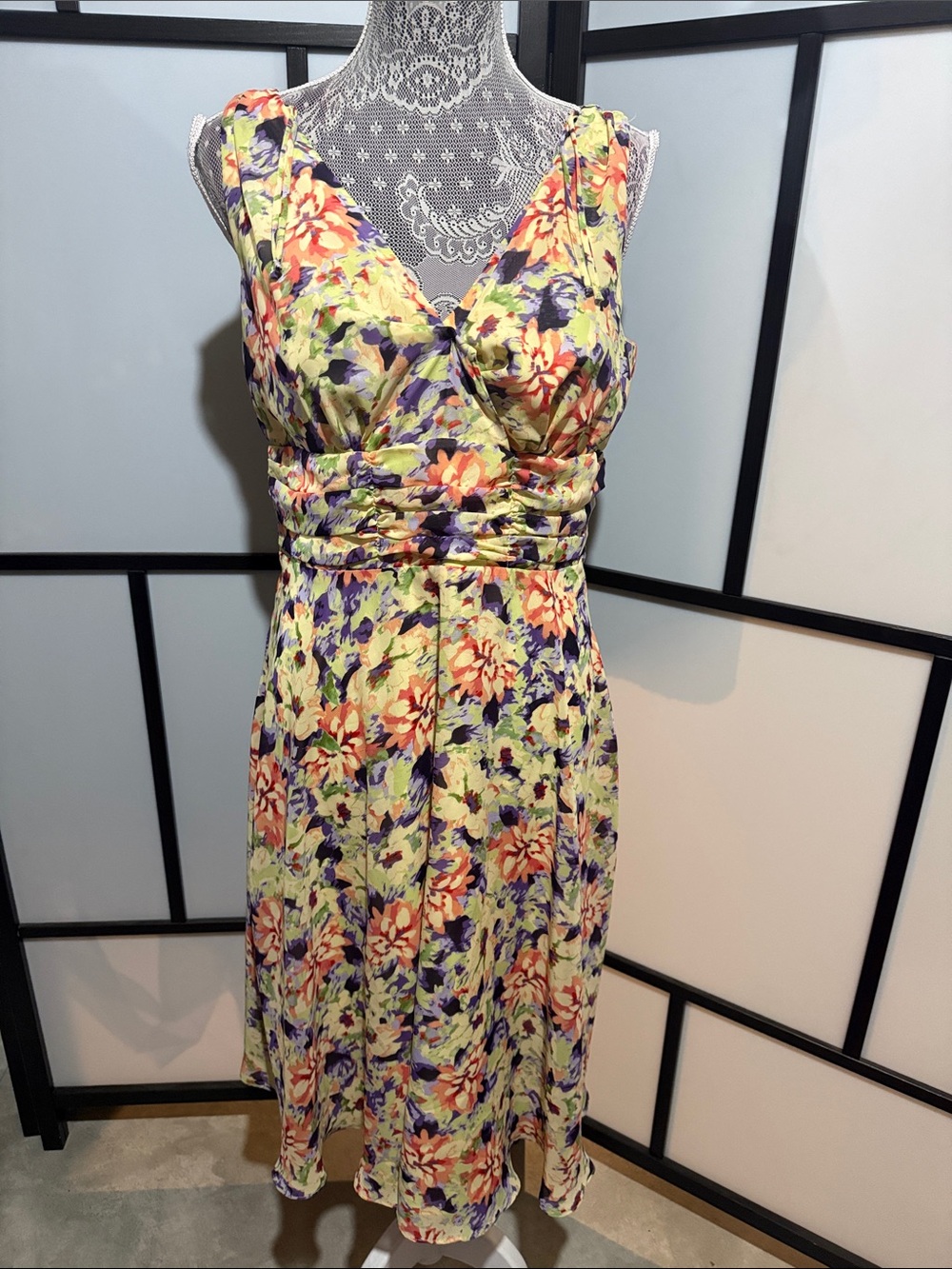 George Yellow Floral Midi Dress with Purple & Orange Blooms
